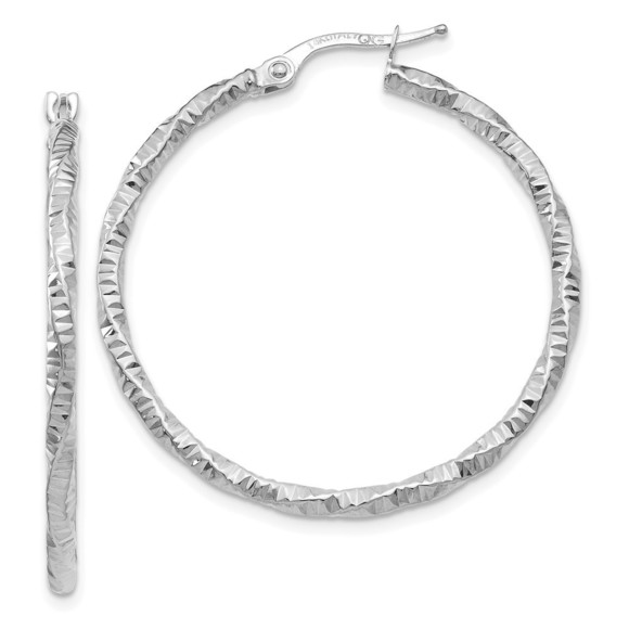 14K White Gold Polished and Textured Hoop Earrings 35 L x 34.5 mm W